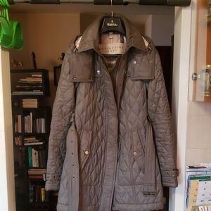 Burberry Quilted Long Puffer Coat in Taupe Gray
